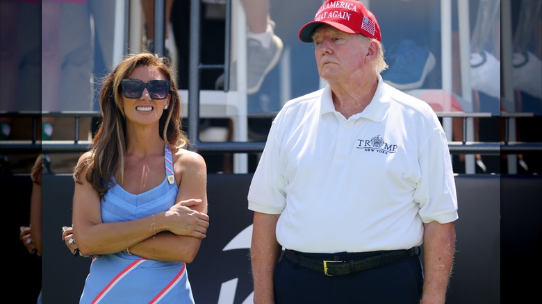 Donald Trump and Attorney Alina Habba at the first tee during day three of the LIV Golf Invitational - Bedminster at Trump National Golf Club on August 13, 2023 in Bedminster, New Jersey.