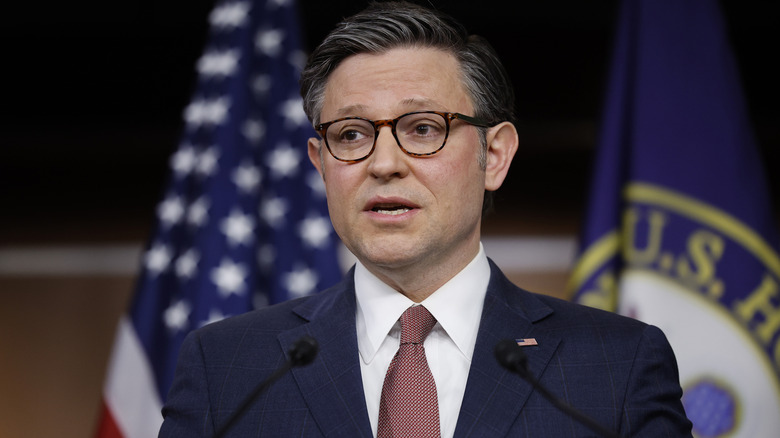 Speaker of the House Mike Johnson speaking during a news conference following a closed-door caucus meeting at the U.S. Capitol Visitors Center