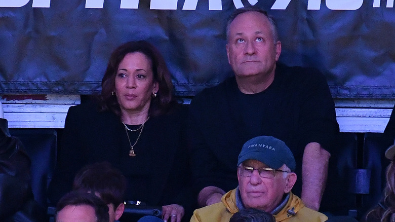Kamala Harris and Douglas Emhoff attending a basketball game between the Los Angeles Lakers and the Golden State Warriors at Crypto.com Arena