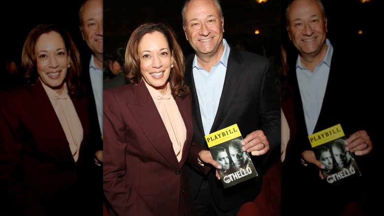 Kamala Harris and Doug Emhoff posing backstage at "Othello" on Broadway at The Barrymore Theatre