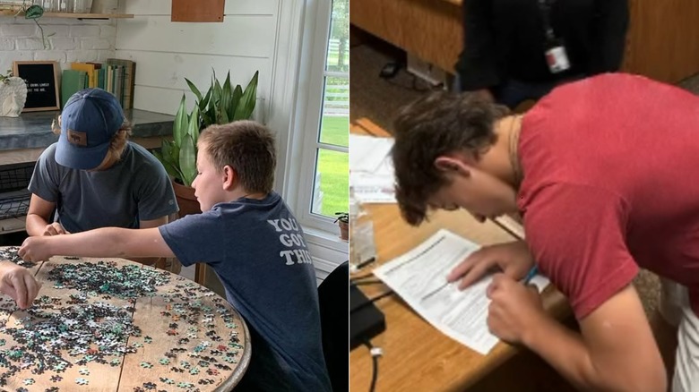 Split images of Duke doing puzzles his brother and signing paperwork