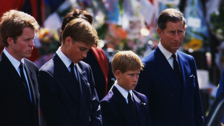 Charles Spencer, Prince William, Prince Harry, and King Charles III at Princess Diana's funeral
