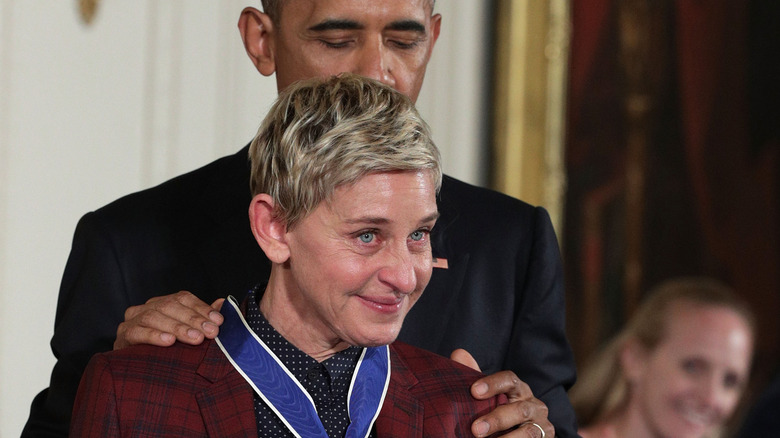 President Barack Obama presenting the Presidential Medal of Freedom to comedian and talk show host Ellen DeGeneres during an East Room ceremony at the White House