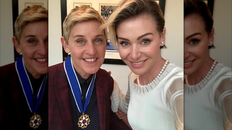 Ellen DeGeneres and Portia de Rossi posing for a selfie