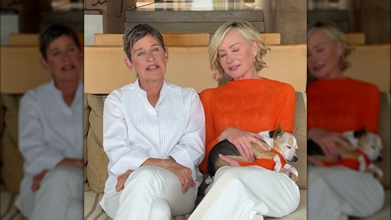 Ellen DeGeneres sitting next to Portia de Rossi