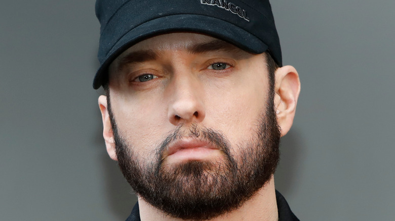 Eminem brown hair hat beard posing