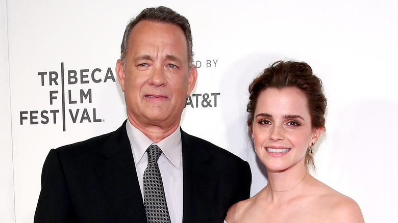 "The Circle" stars Emma Watson and Tom Hanks smiling for a photo