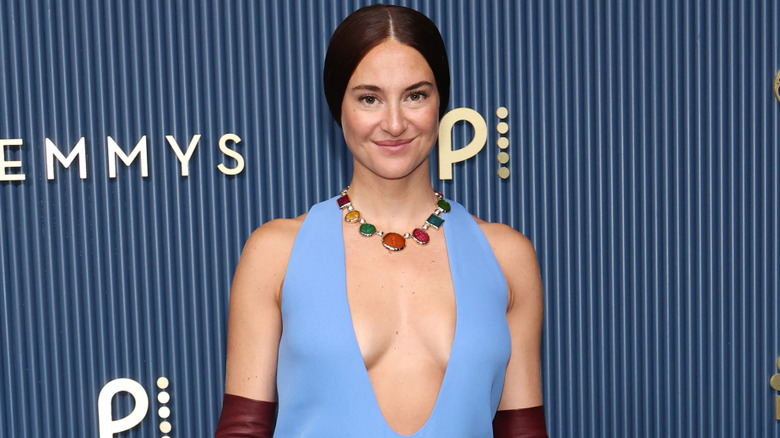 Shailene Woodley wearing a multicolored necklace.