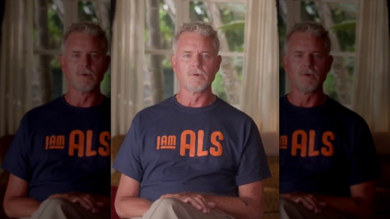 Eric Dane speaks while wearing a 'I am ALS' shirt