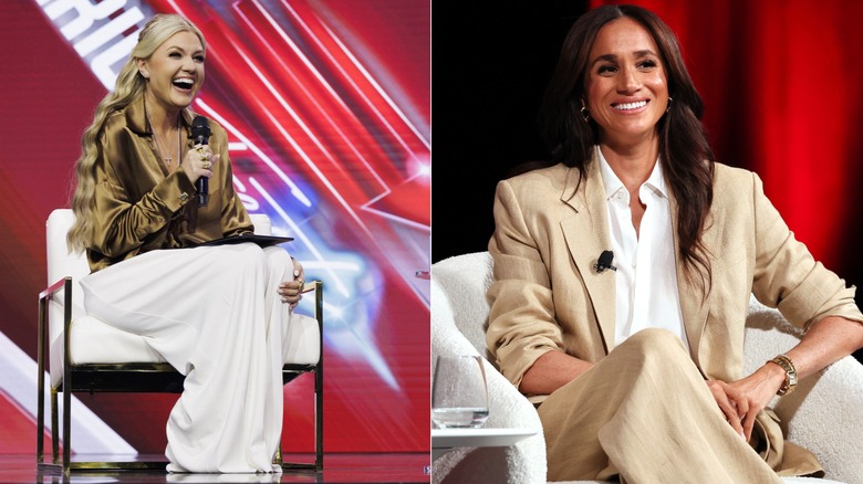 Erika Kirk smiling and talking into a microphone/Meghan Markle smiling while sitting at the Times 100 event.