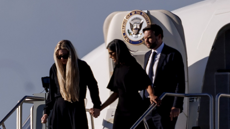 Erika Kirk, Usha and JD Vance deplane Air Force Two while escorting the body of Charlie Kirk