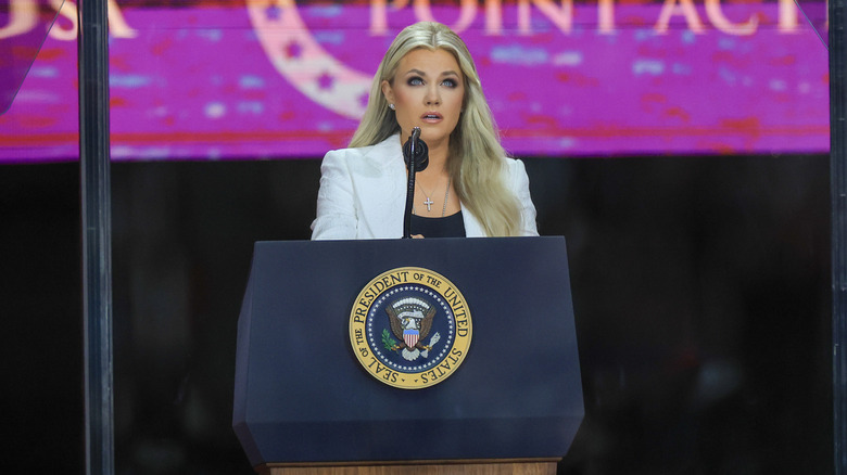 Mrs. Erika Kirk speaking during the memorial service for her husband, Charlie Kirk, at State Farm Stadium