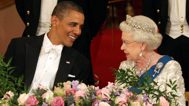 Barack Obama and Queen Elizabeth, both smiling