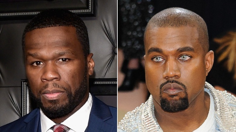 50 Cent posing, Kanye West in blue contact lenses