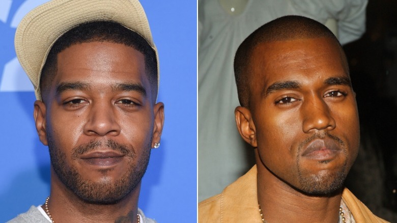 Kid Cudi smirking, Kanye West posing