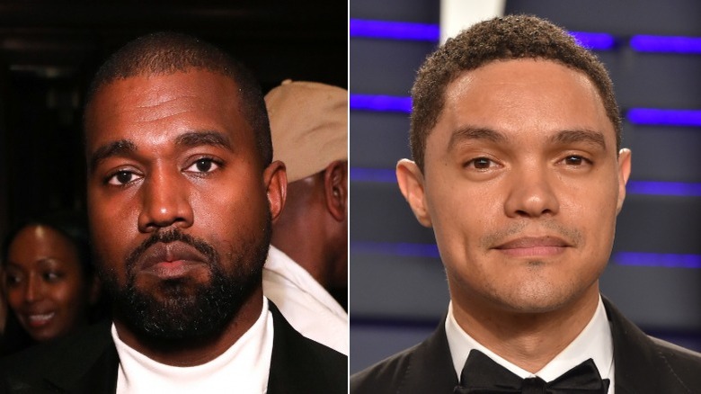 Kanye West posing, Trevor Noah smirking