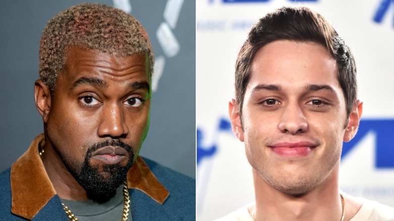 Kanye West posing, Pete Davidson smiling