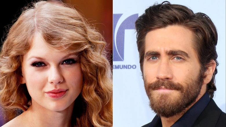 Taylor Swift smiling, left, and Jake Gyllenhaal posing, right