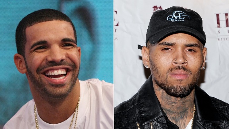 Drake, left and Chris Brown, right in press photos