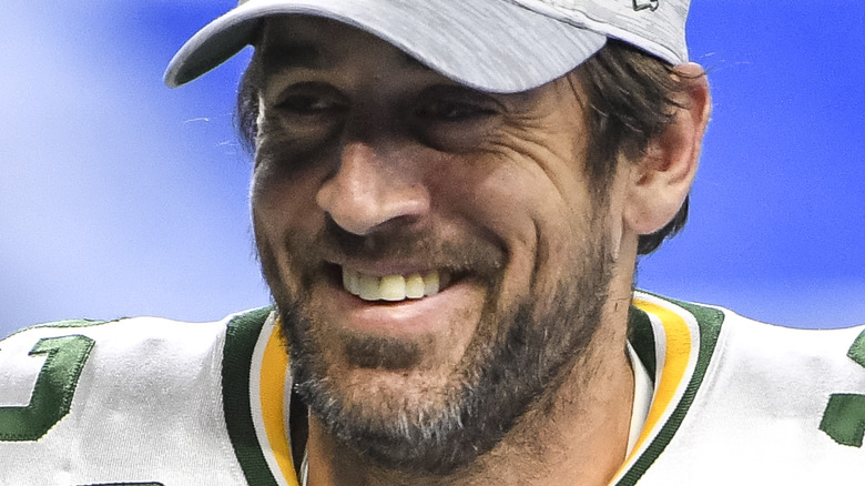 Aaron Rodgers wearing cap and uniform in 2020