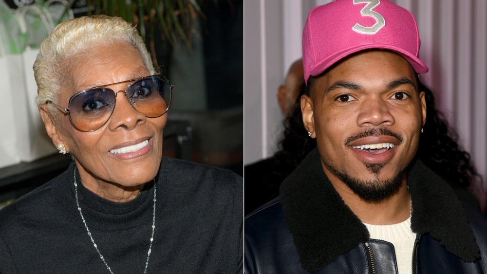 Dionne Warwick and Chance The Rapper smiling in split image