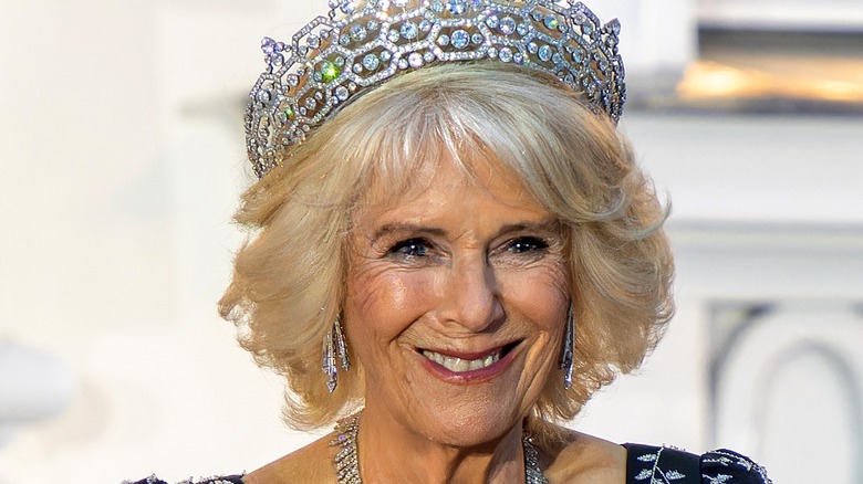 Queen Camilla smiling diamond crown