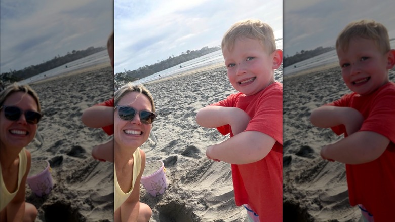 Dylan Dreyer posing for a selfie with her young son on the beach
