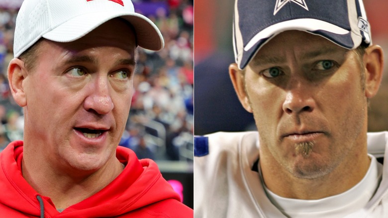 Peyton Manning headshot and Mike Vanderjagt with hats