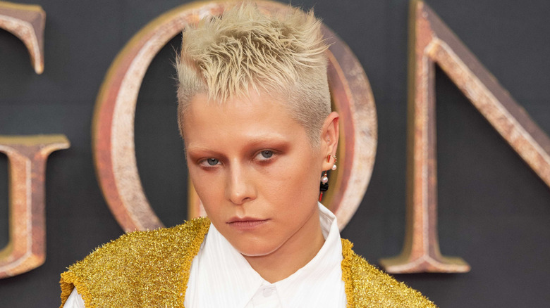 Emma D'Arcy intense blonde hair