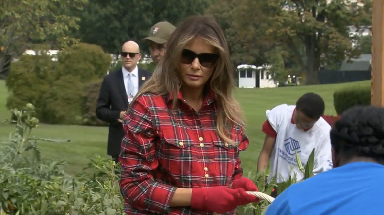 Melania Trump wearing plaid shirt while gardening