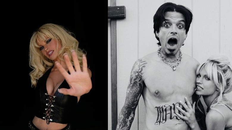 Lily James posing as Pamela Anderson; Sebastian Stan posing as Tommy Lee and Lily James as Pamela Anderson