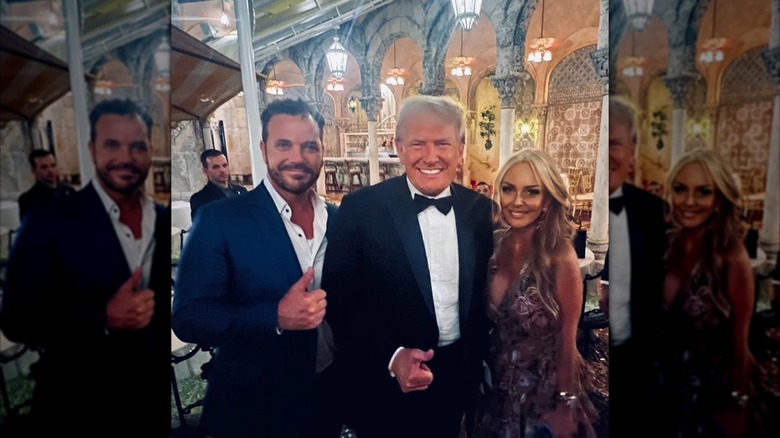 John Loudon, Donald Trump, and Gina Gentry Loudon posing for a photo together while attending a party at Mar-a-Lago