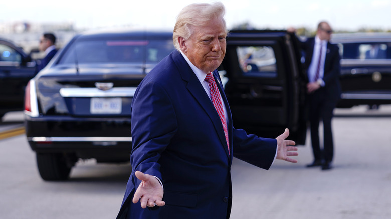 Donald Trump shrugs while speaking to reporters on the tarmac.