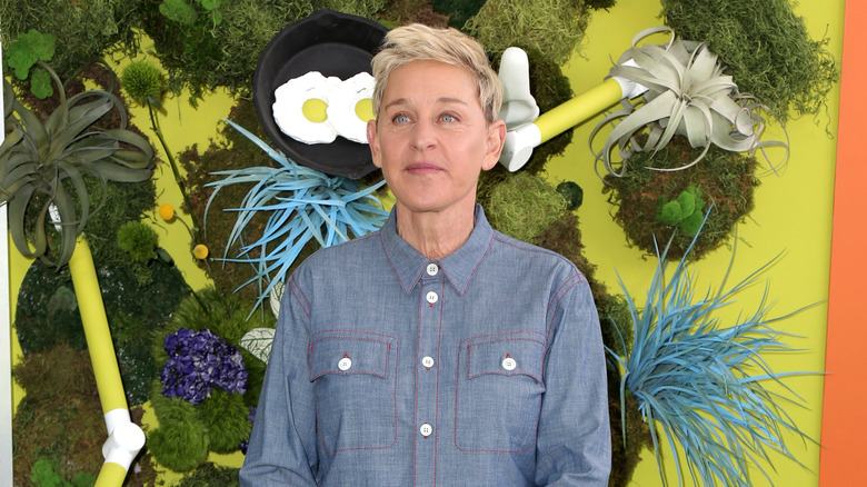 Ellen DeGeneres with slight smile looking off to the side