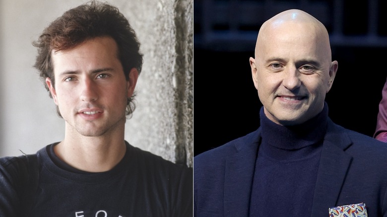 A young Brian Boitano looking into the camera while wearing a T-shirt in one picture, while his older self flashes a bright smile in a suit in another