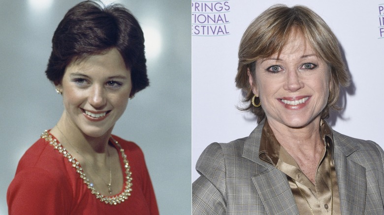 A split image of Dorothy Hamill, smiling with her head tilted to the side in one picture, and displaying a smile while looking into the lens in the other.
