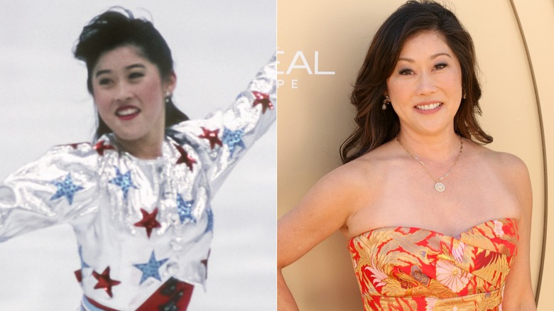 Kristi Yamaguchi spreads her arms and smiles while performing a skating routine in one picture, and smiles with one arm on her waist in another.