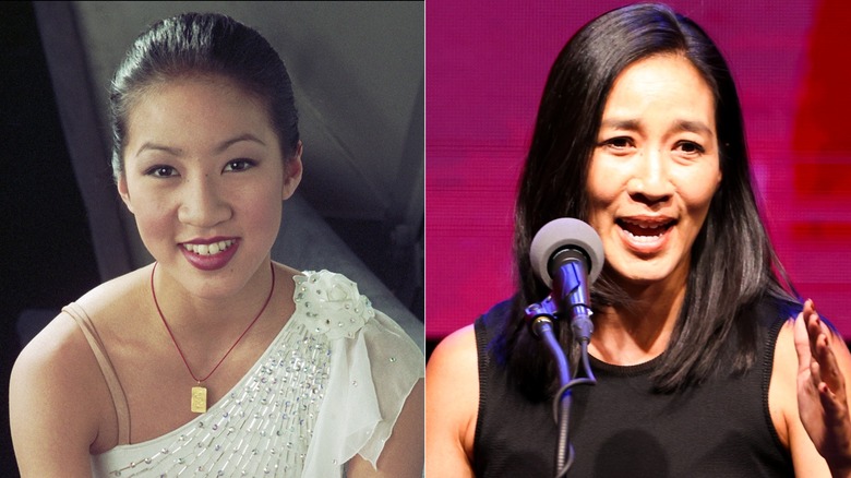A split image of Michelle Kwan, smiling in one picture and talking into the microphone in the other.