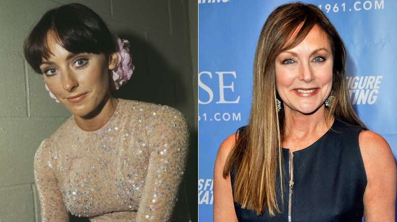 Peggy Fleming gazing at the camera with her face tilted to the side in one picture, and sporting a bright smile in a second.