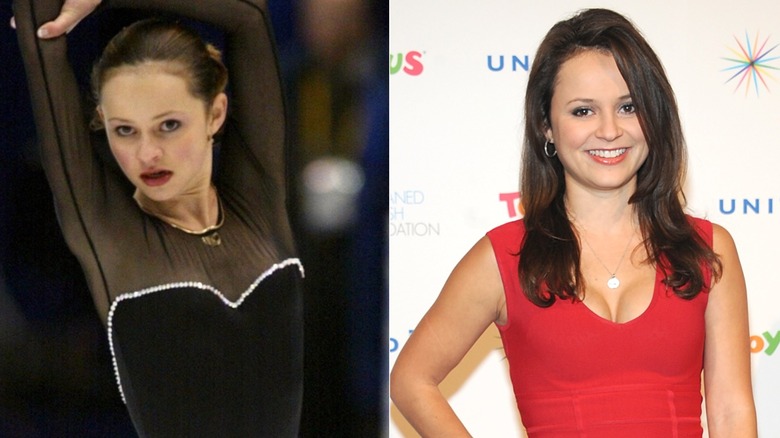 A split image of Sasha Cohen stretching her arms while figure skating in one and placing her hand on her waist and smiling in the other