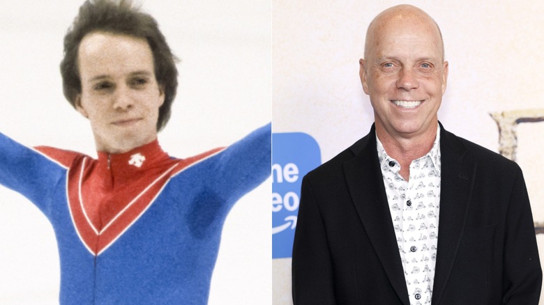 Scott Hamilton, sweaty and stretching both arms in one image, and flashing a smile while gazing directly at the camera in another.