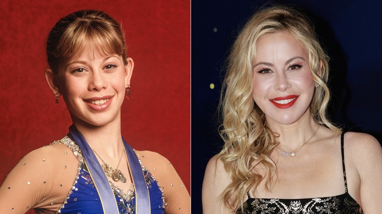 A split image of Tara Lipinski, smiling while wearing a medal in one half, and smiling against a dark background in the other half