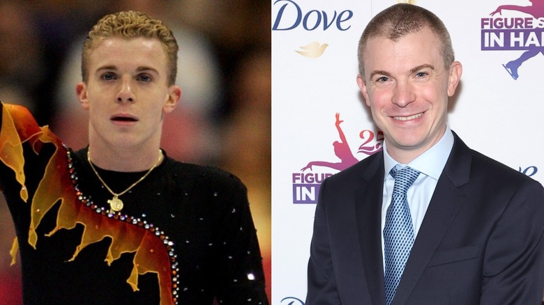 Young Timothy Goebel raising one arm while dressed in a black outfit, and in another picture, smiling while wearing a suit.