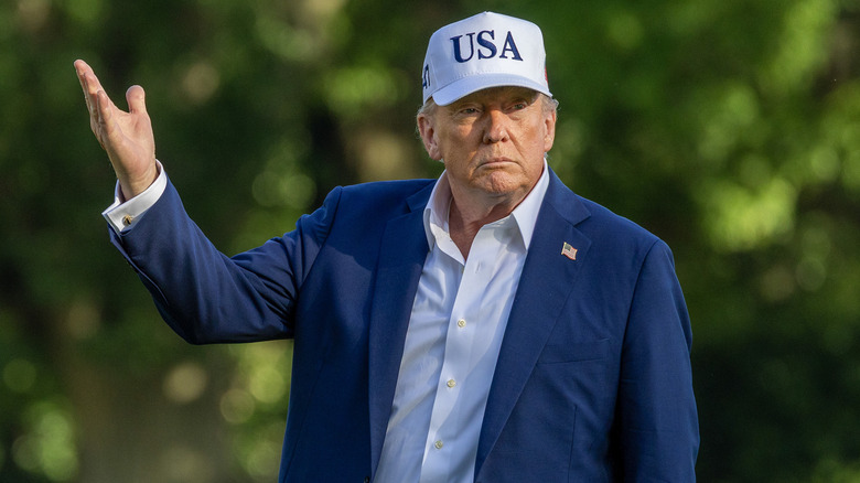 Donald Trump gestures with his hand on the White House lawns.