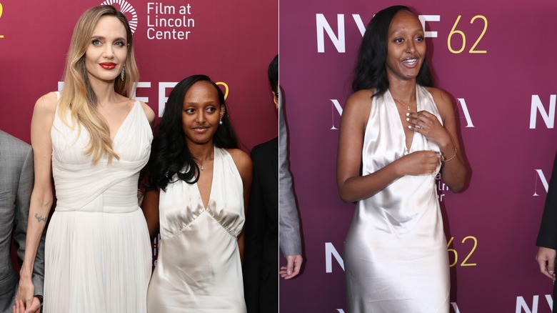 Angelina Jolie and Zahara Jolie wearing white dresses on red carpet.