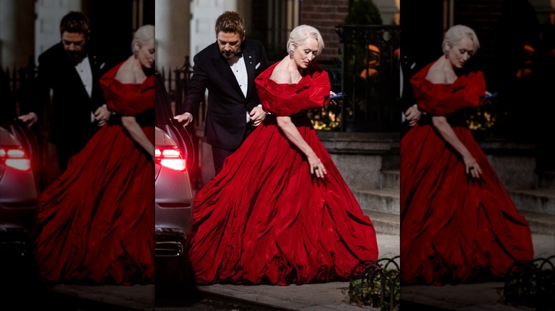 Meryl Streep pictured filming "The Devil Wears Prada 2."