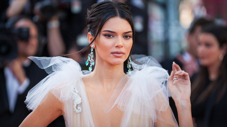 Kendall Jenner posing for a photo in white dress with her hair up in a bun