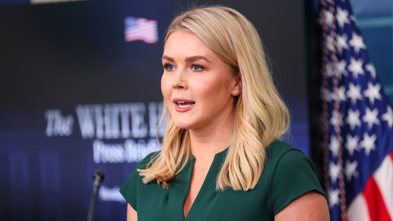 Karoline Leavitt speaking during a press briefing in the White House (2025)