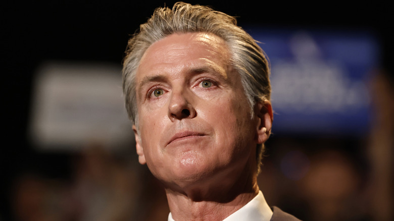 California Governor Gavin Newsom speaking about the "Election Rigging Response Act" at a press conference at the Democracy Center, Japanese American National Museum
