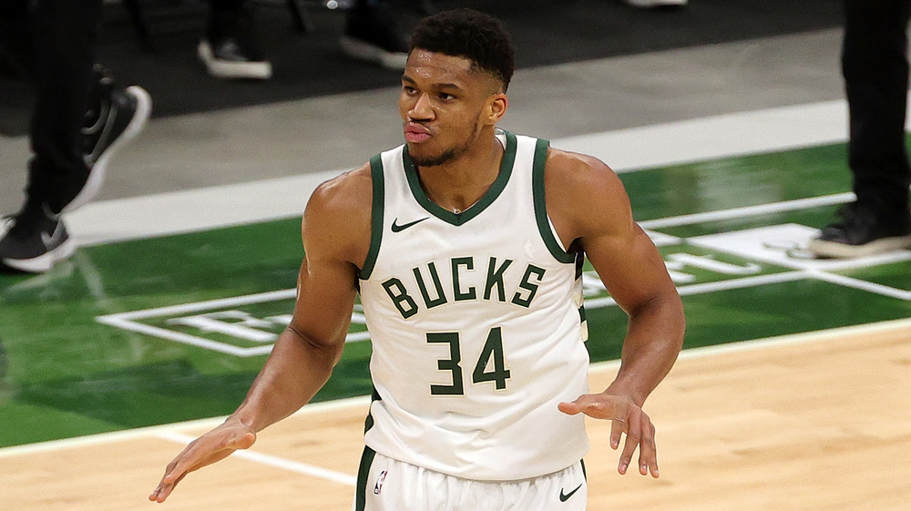 Giannis Antetokounmpo in a Bucks jersey